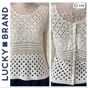 Lucky Brand Cream colored crocheted open knit button-back sweater. Size S